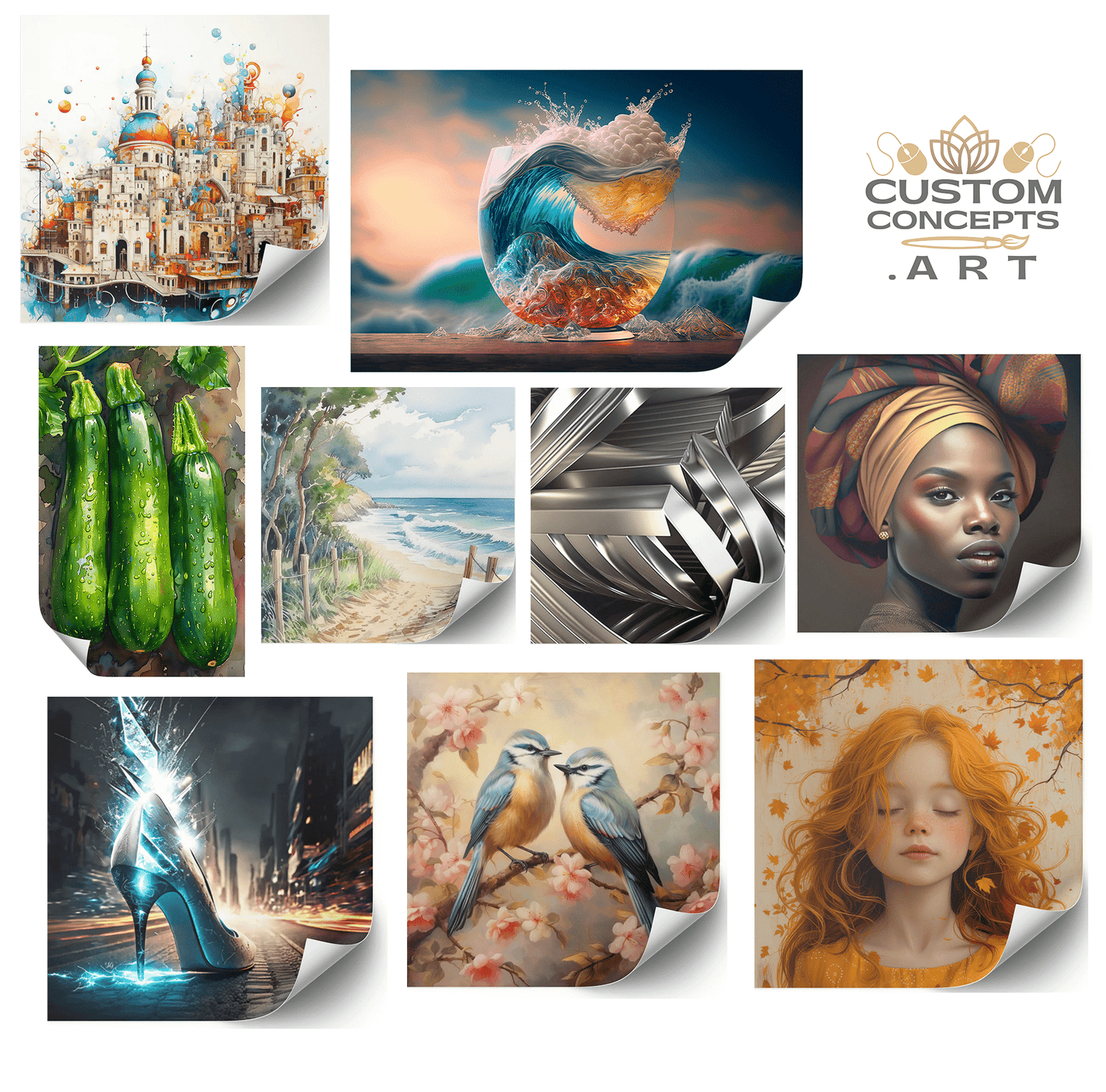 A display of Fine Art Posters in different art styles- abstract italian architecture-surreal ocean waves in a glass-zucchinis on vines-beach path-abstract metallic silver geometric art-beautiful woman in headdress-fantasy blue high heeled shoe struck by lightning-botanical painting blue birds on cherry blossom branches-fantasy illustration little girl with red hair carrot top autumn fall leaves surround her. All poster wall art available and for sale and customconcepts.art