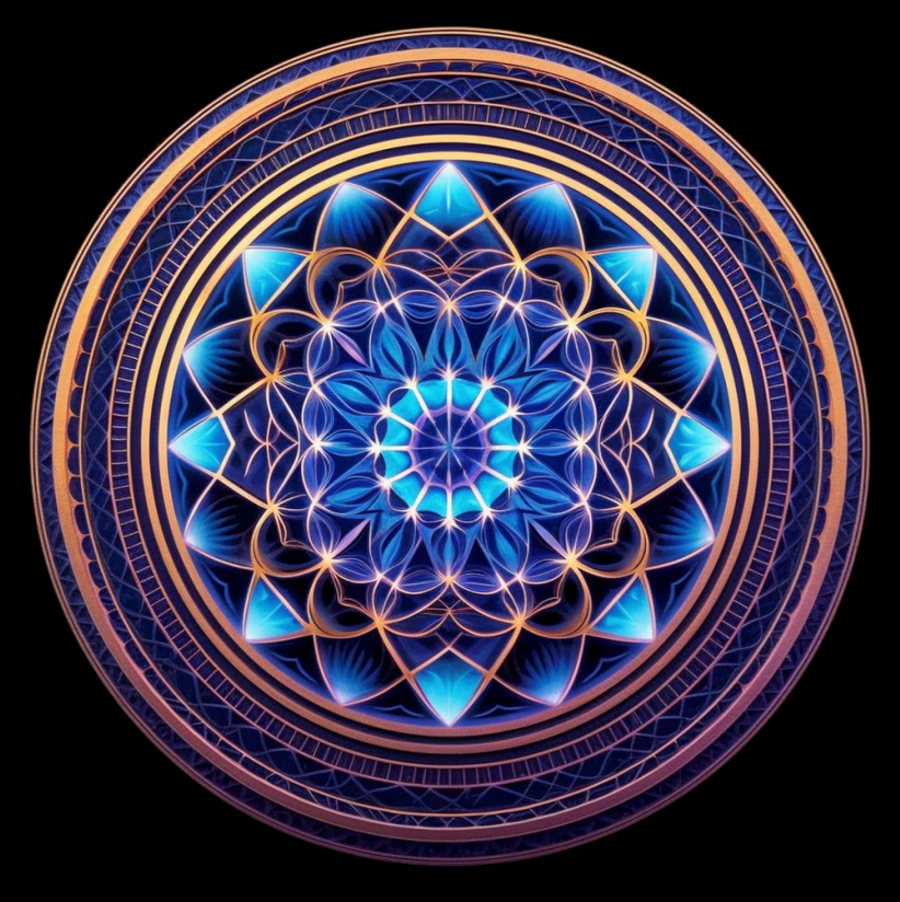 Sacred geometry circle in blue, purple, gold and black- This icon represents a collection of wall art that is spiritually or religiously themed. Great art for yoga enthusiasts and Christians. Spiritual and Religious wall art for sale and available at customconcepts.art