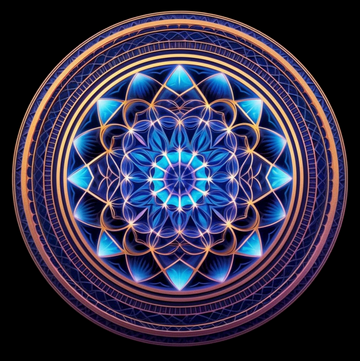 Sacred geometry circle in blue, purple, gold and black- This icon represents a collection of wall art that is spiritually or religiously themed. Great art for yoga enthusiasts and Christians. Spiritual and Religious wall art for sale and available at customconcepts.art