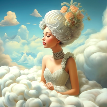 A surrealist fantasy illustration of a pretty young woman in a white rennaissance style wig sitting amongst fluffy clouds in the sky. This icon represents a collection of fantasy and surreal wall art for sale and available at customconcepts.art