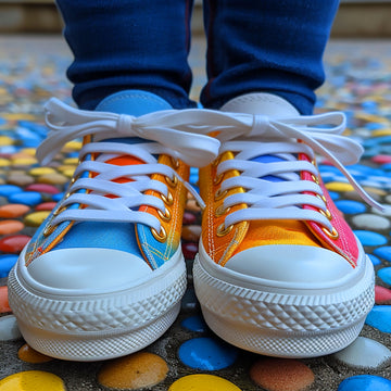 A realistic photograph of a child's feet in colorful sneakers icon representing a collection of wall art for kids room decor for sale and available at customconcepts.art