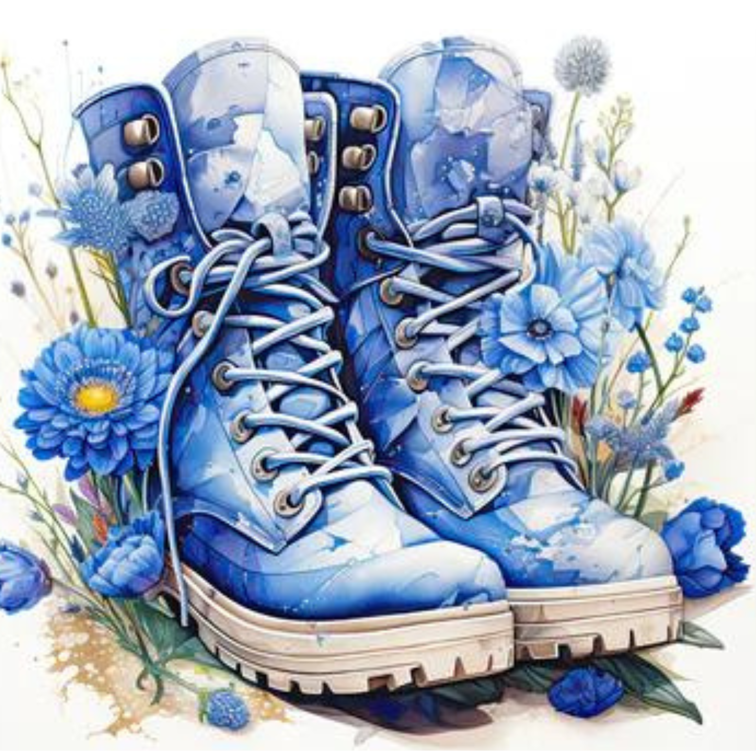 Watercolor of blue hiking boots surrounded by blue wildflowers icon represents a collection of Spring season related wall art for sale and available at customconcepts.art