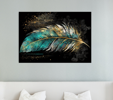Teal & Gold Feather Horizontal - Printed Canvas