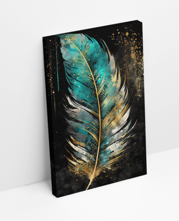 Teal & Gold Feather Vertical - Printed Canvas
