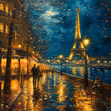 A night scene in painterly style of Paris street with Eiffle tower in the distance. This icon represents a collection of wall art related to travel and scenic art for sale and available at customconcepts.art