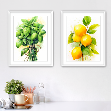 Watercolor Basil and Lemons - Kitchen Wall Art Set