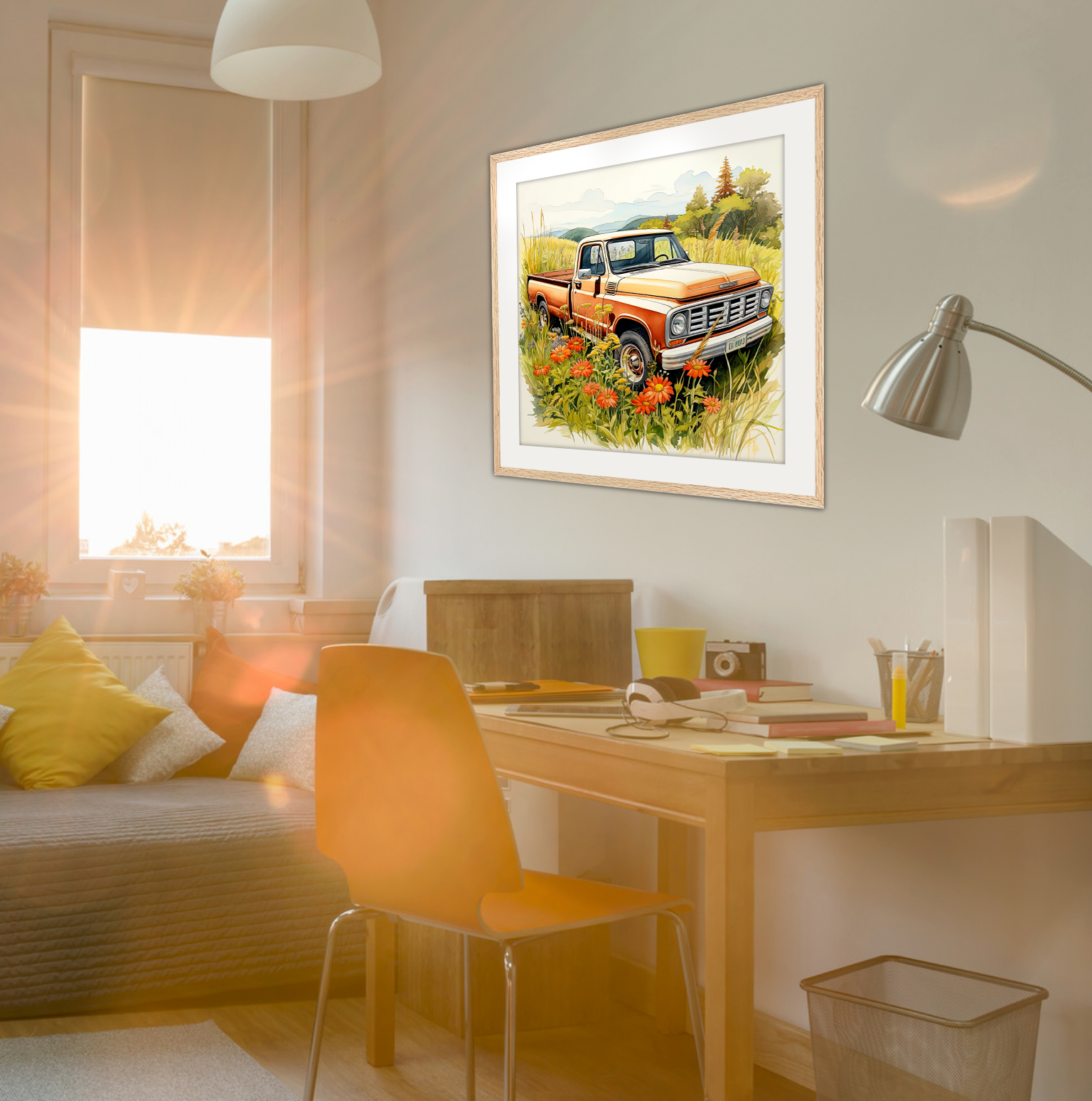 Rustic burnt orange pickup truck in a country field of flowers art, framed with white mat and oak frame. The art hangs in a girl's or teen girl's bedroom over the desk. This art is for sale at customconcepts.art