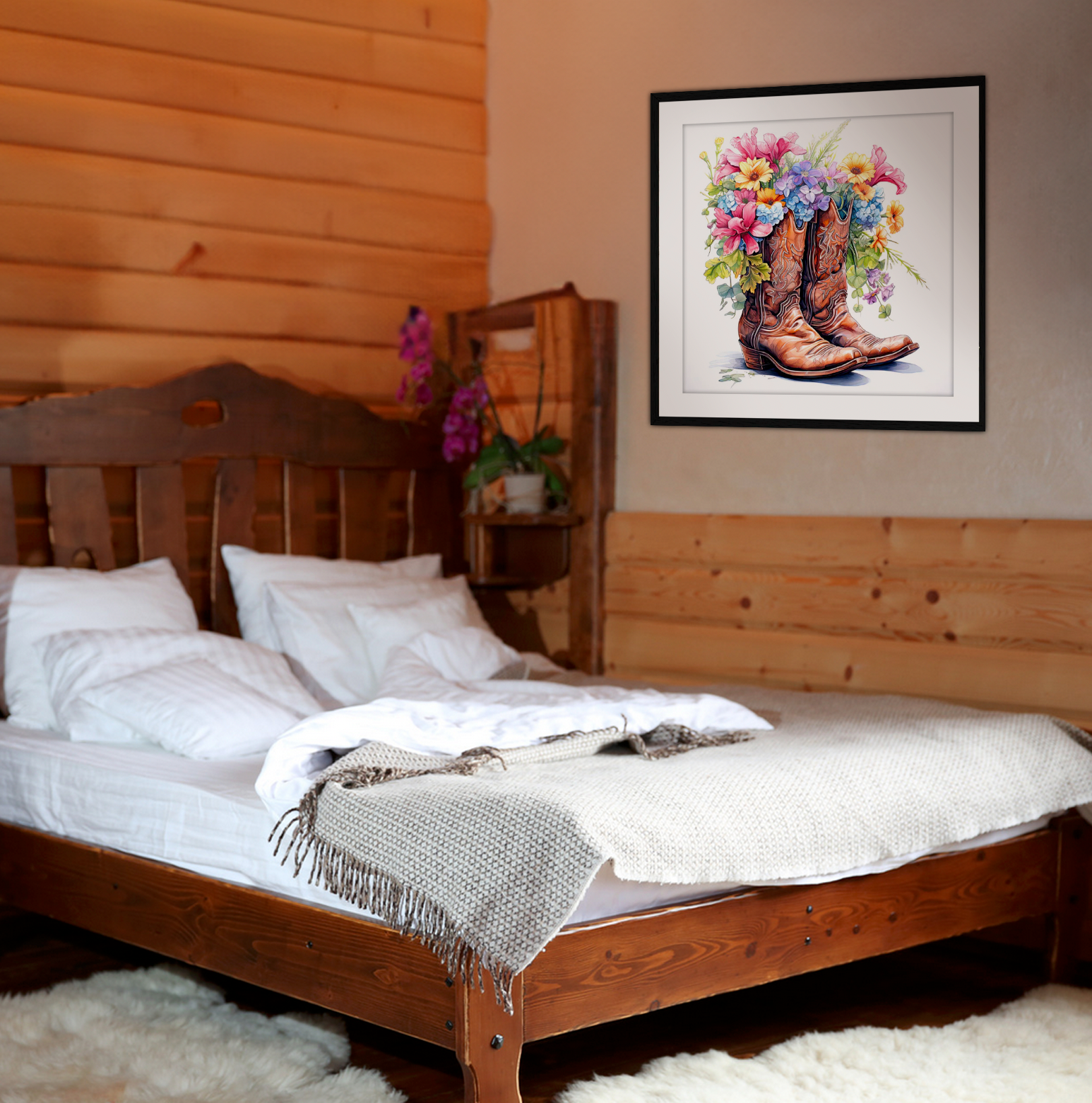 Framed Fine Art on display in a country western cabin-style bedroom. Artwork in highly detailed watercolor style featuring brown traditional cowboy boots with a bouquet of flowers spilling out of the top of them. This piece is a must have for western enthusiast cowgirls who are tough but have that feminine side too. This art comes with white mat and black frame. Art for sale at customconcepts.art