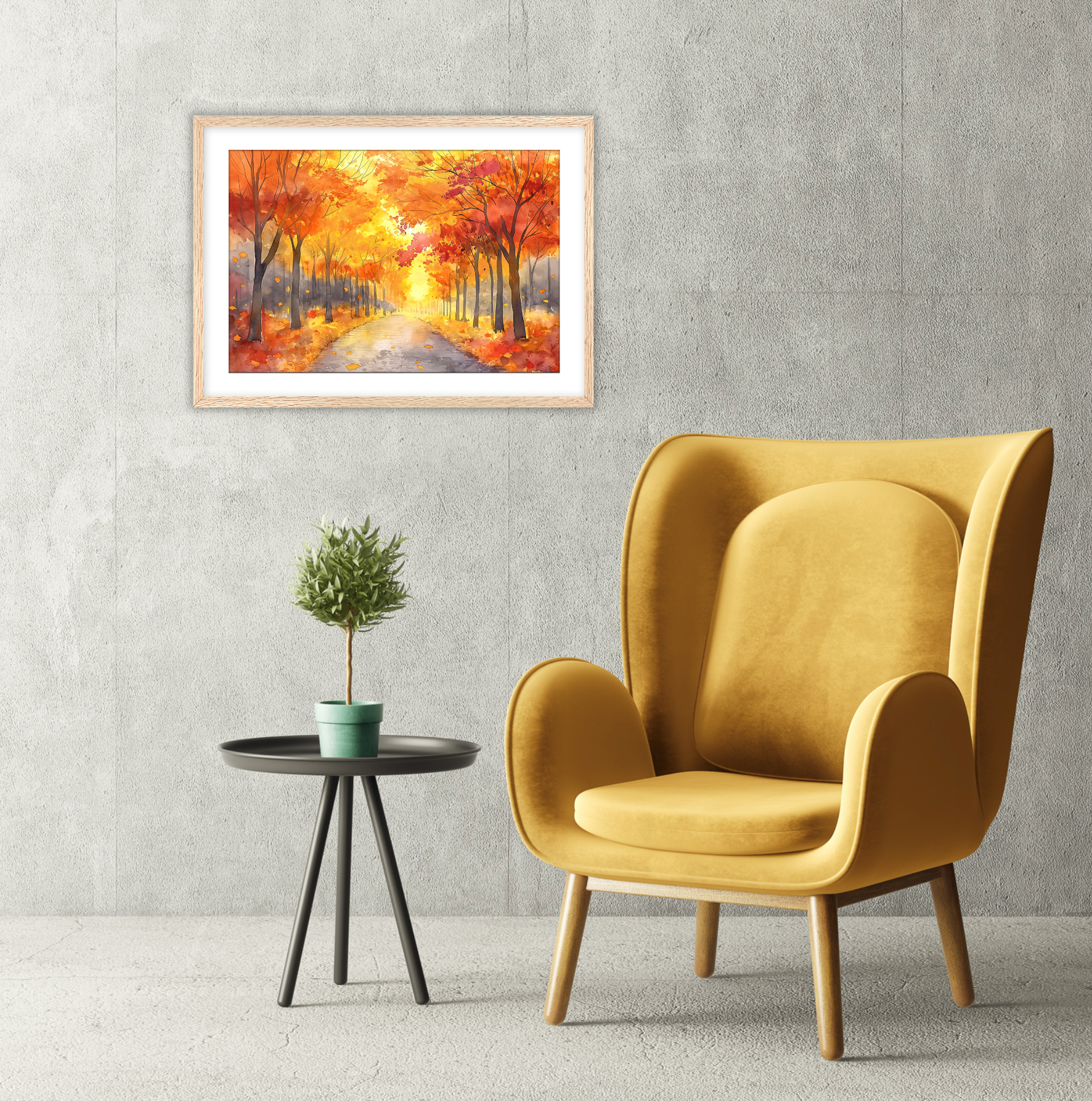 Oak framed art on display with white mat. Art hangs on a grey wall next to a retro yellow chair.  Art features fall trees and pathway. Perfect for autumn season decor. Art for sale at customconcepts.art