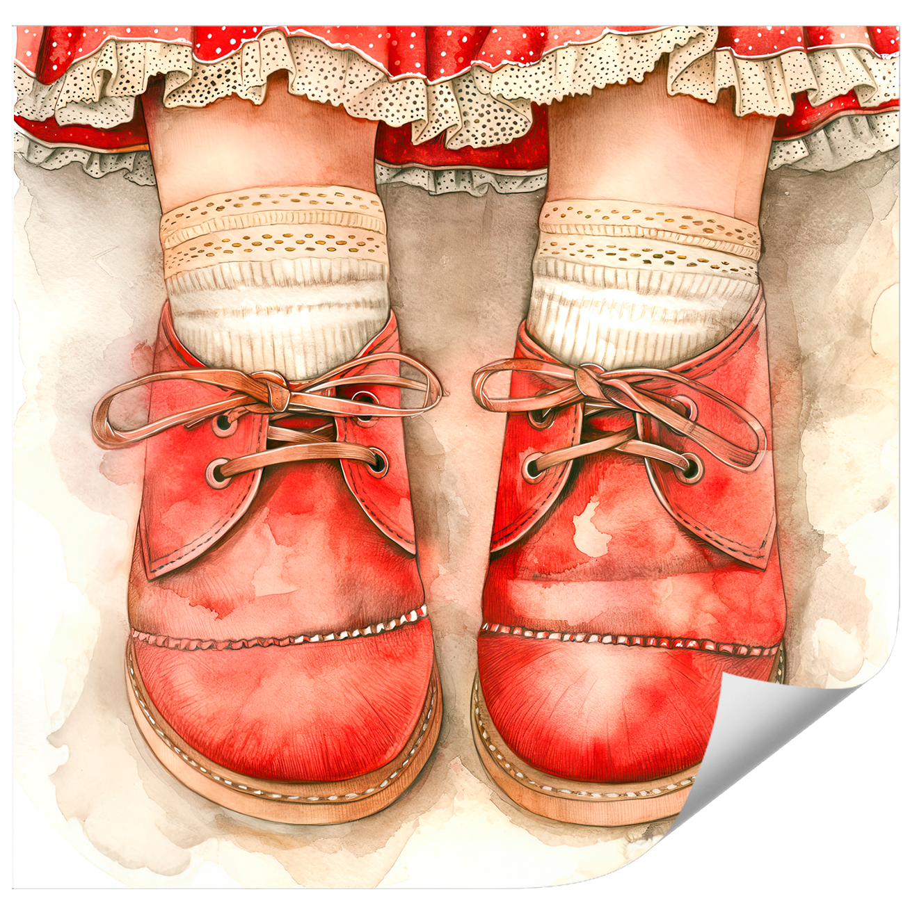 Poster of watercolor vintage style little girl's red leather shoes tied neatly with brown laces. She wears eyelet lace detailed socks and an adorable hint of a red skirt with lace hem shows at the top of the piece. Poster for sale at customconcepts.art