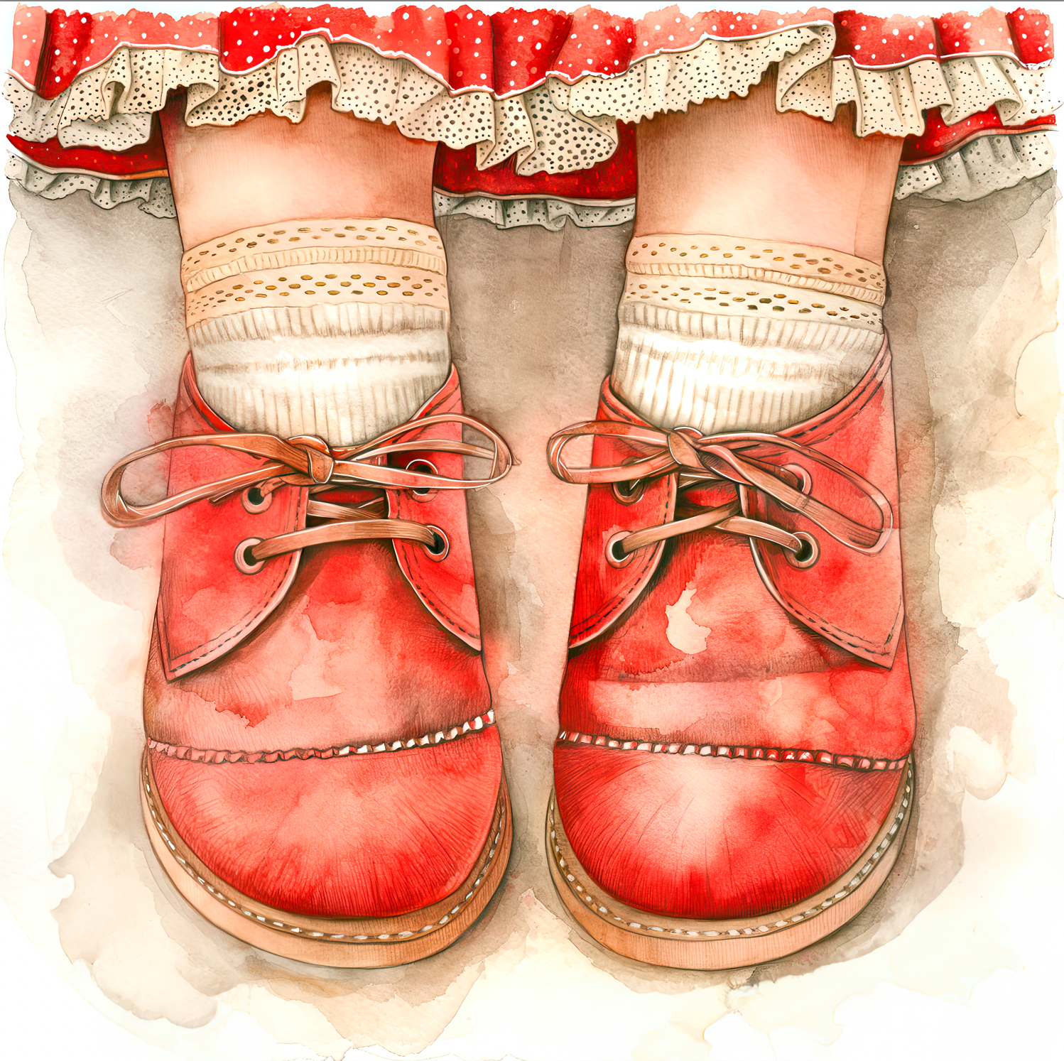 Watercolor vintage style little girl's red leather shoes tied neatly with brown laces. She wears eyelet lace detailed socks and an adorable hint of a red skirt with lace hem shows at the top of the piece. Wall art for sale at customconcepts.art