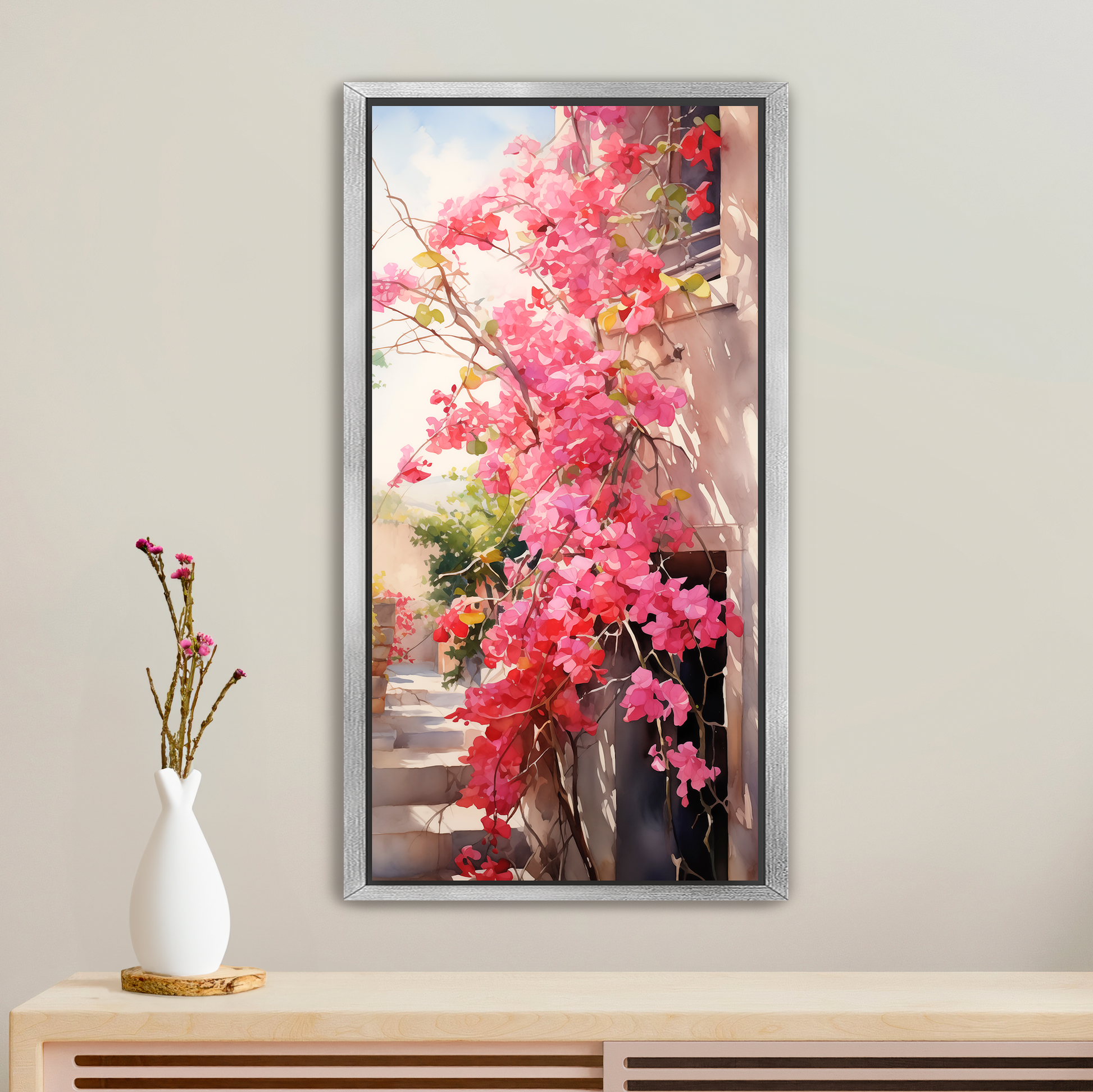 Silver Floating Frame Canvas Pink Bougainvillea Rustic Scene