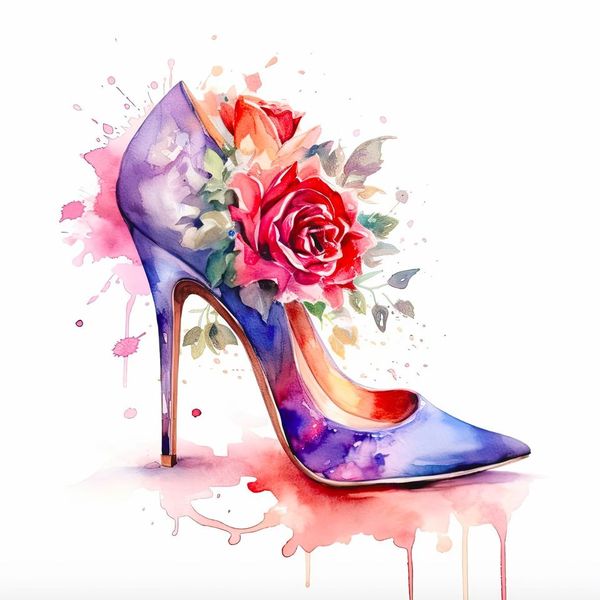 A watercolor purple high-heeled shoe with roses icon to represent a collection of fashion- related and salon-friendly wall art for sale and available at customconcepts.art