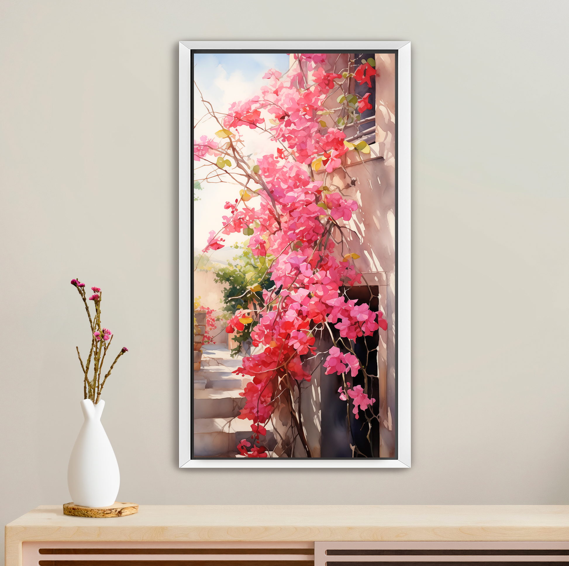 White Floating Frame Canvas Pink Bougainvillea Rustic Scene