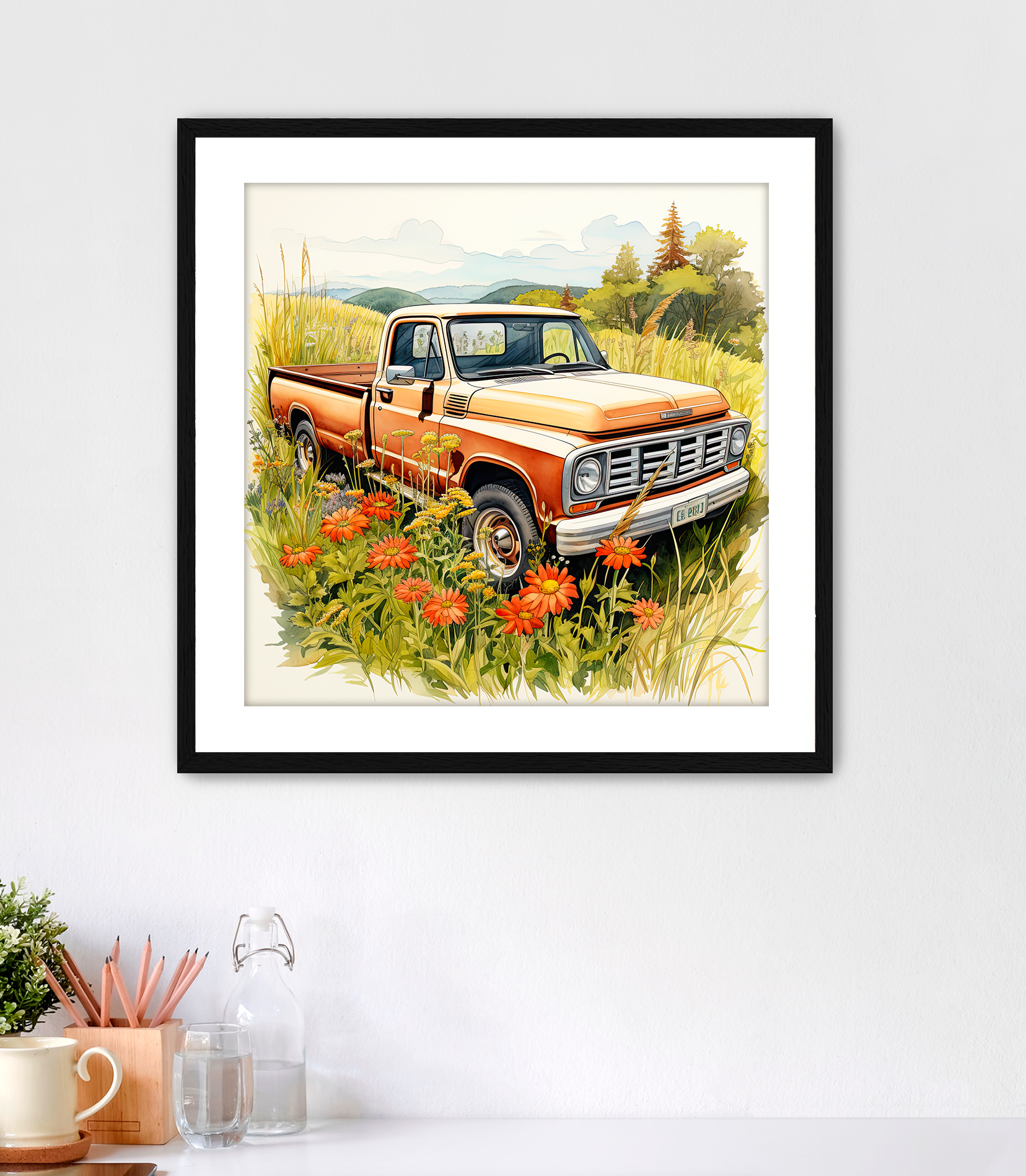 Rustic burnt orange pickup truck in a country field of flowers art, framed with white mat and black frame. Country art for sale.customconcepts.art