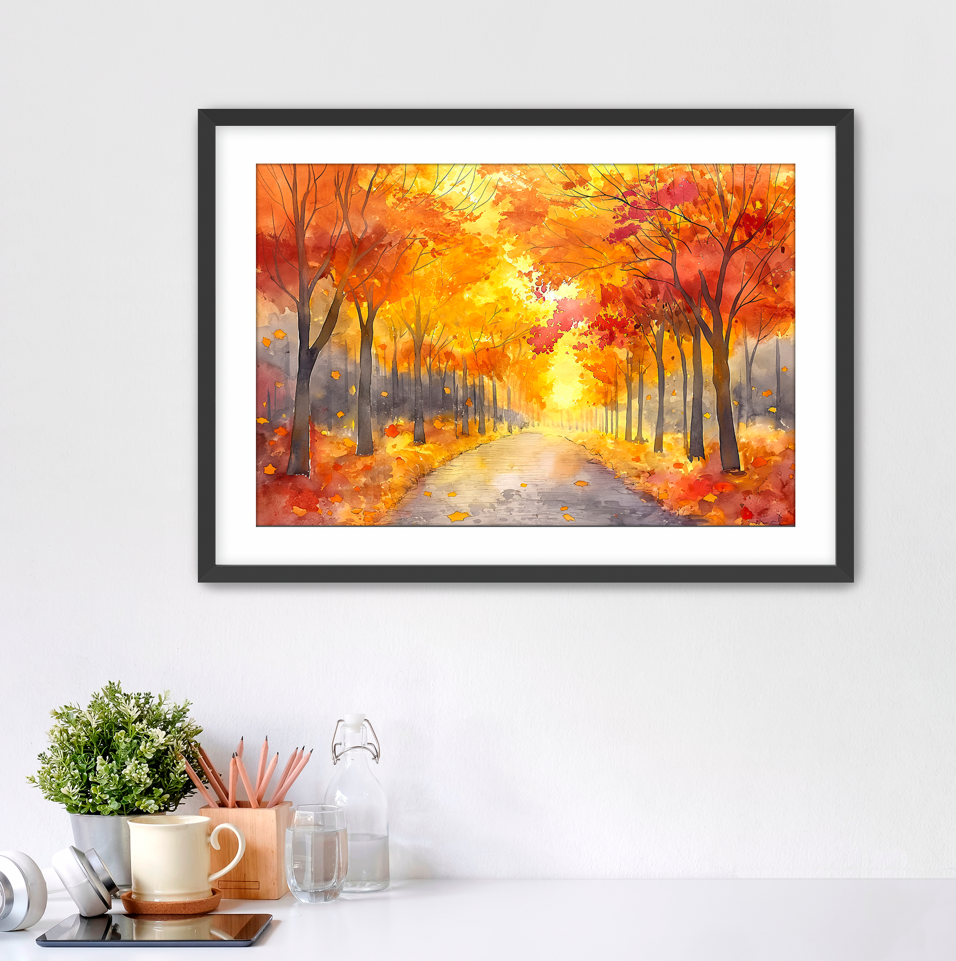 Black framed watercolor autumn trees and a path with white mat. Perfect for fall decor. Art for sale at customconcepts.art