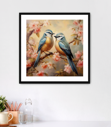 Blue Birds & Cherry Blossoms - Framed Fine Art Print