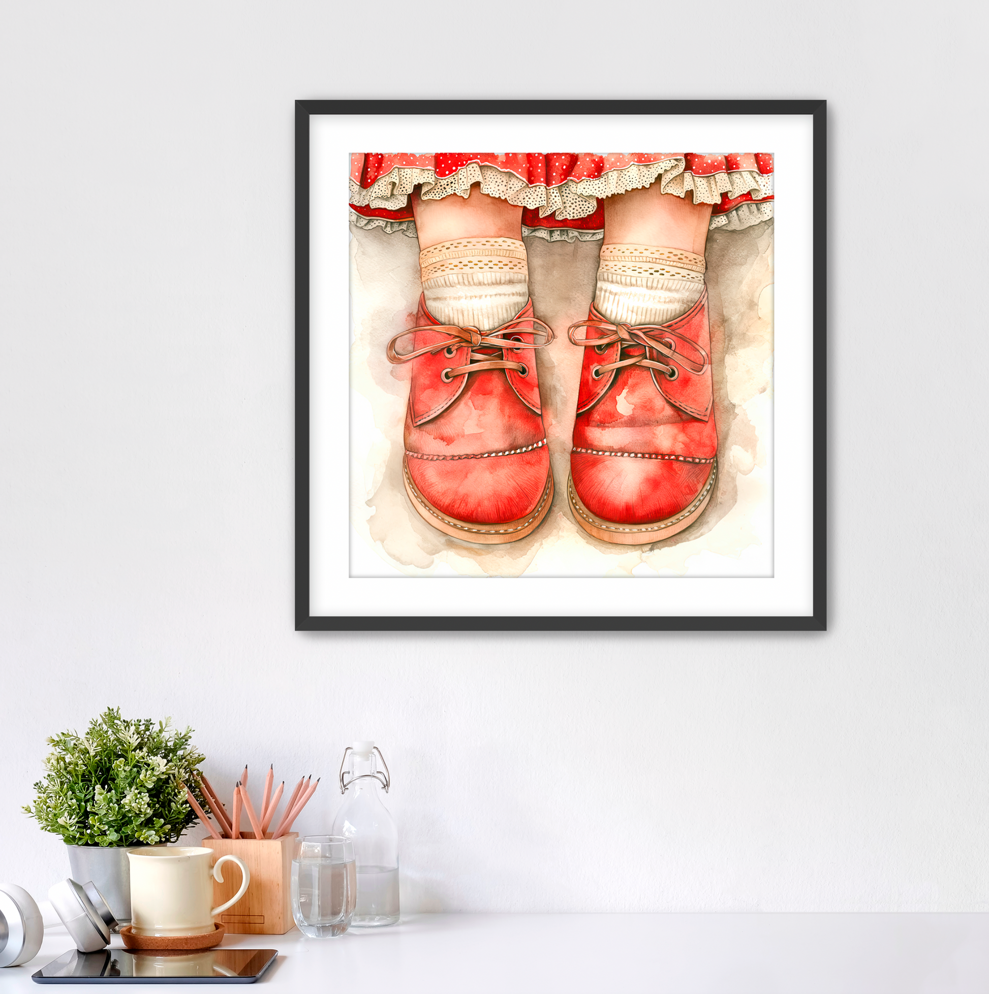 Adorable wall art for kids. Watercolor vintage ensemble showing little girls red shoes closeup with eyelet lace socks and red skirt with tiny white polka dots and lace trim hem. Framed in solid black with white mat. Art for sale at customconcepts.art