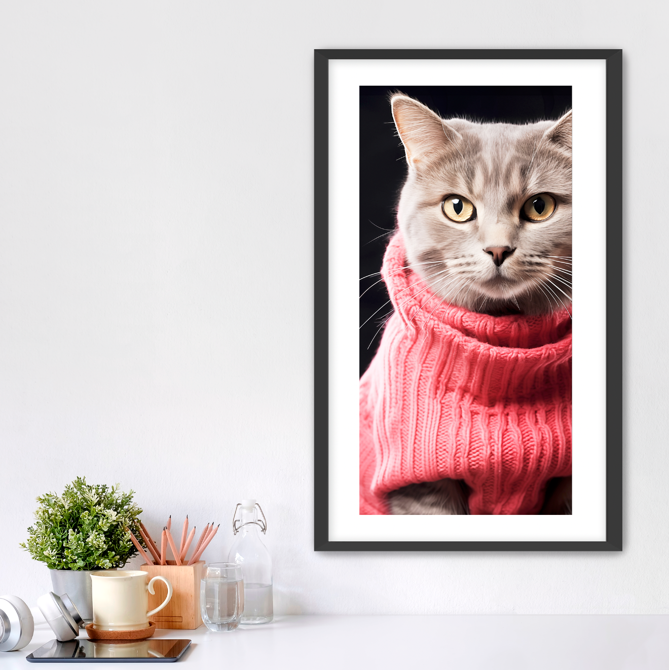 Photographic art of gret cat wearing pink turtle neck sweater. Elongated vertical art with white mat and black frame. customconcepts.art