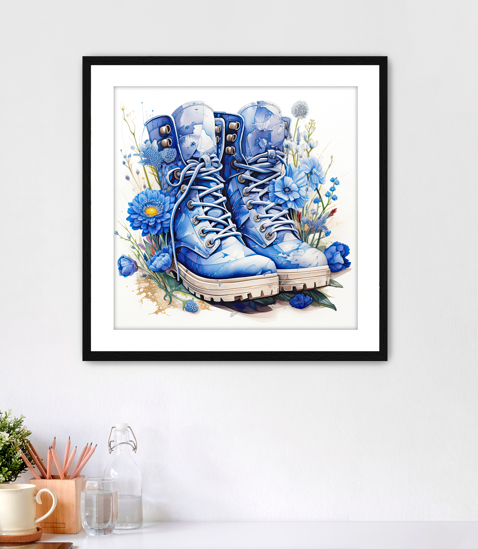 Adorable Framed Fine Art Print. The artwork features watercolor style blue hiking boots surrounded in blue wildflowers. A great gift for women hiking or gardening enthusiasts. Art comes with white mat and black frame. This wall art is for sale at customconcepts.art