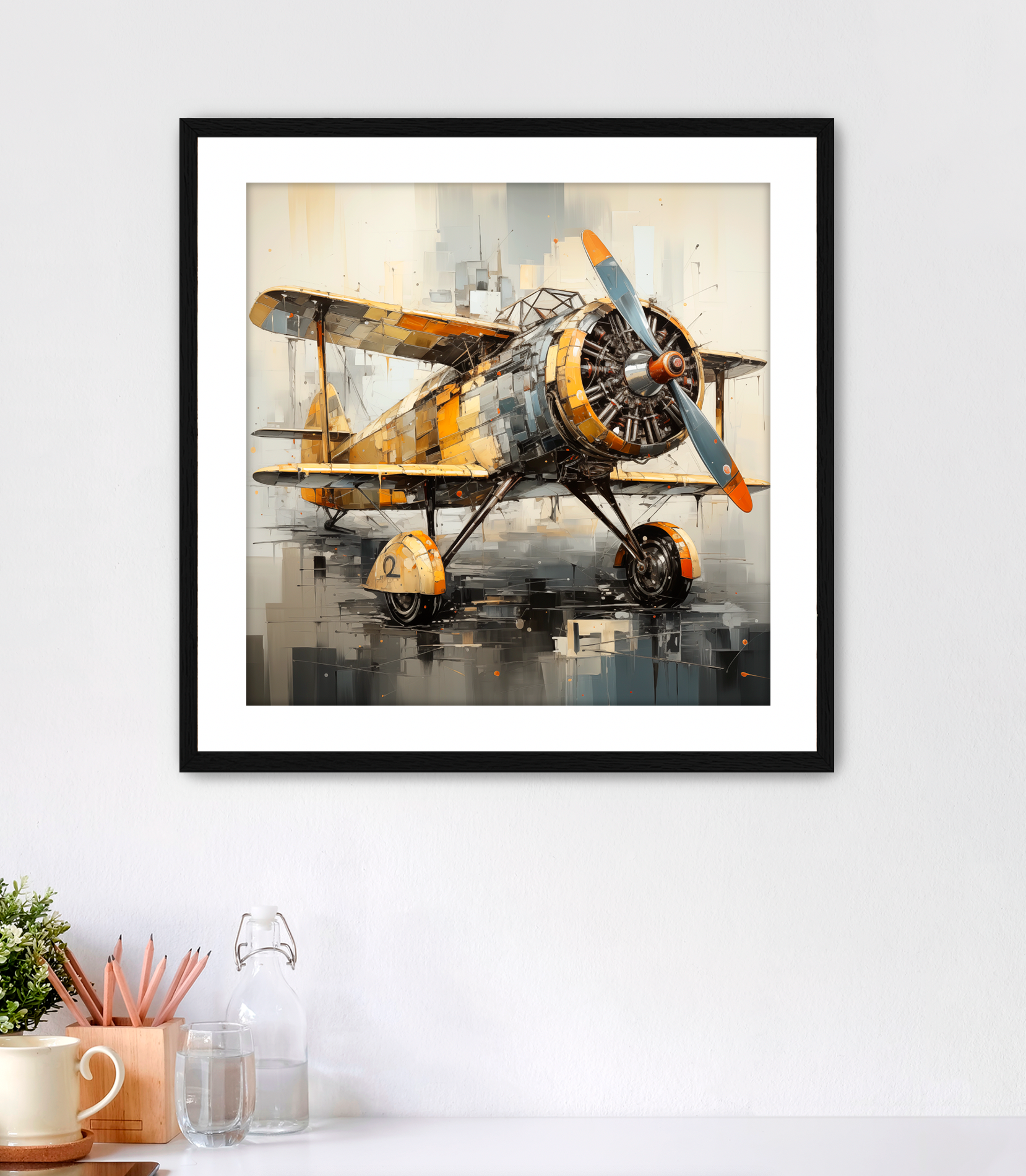 Vintage Abstract Biplane, Vintage aircraft with cubist detail. Subtle neutral color palette with yellow and orange accents. Art includes a white mat and  black frame.A perfect piece of artwork for pilots or avaiation enthusiasts. This wall art is for sale at customconcepts.art