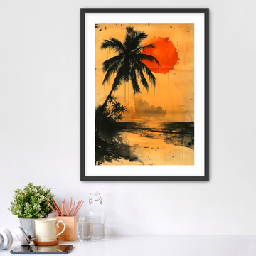 Ink Pen Sunset Palm - Framed Fine Art Print