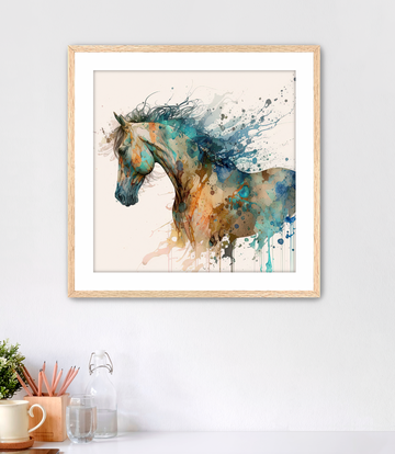 Rust Teal & Brown Watercolor Horse - Framed Fine Art Print