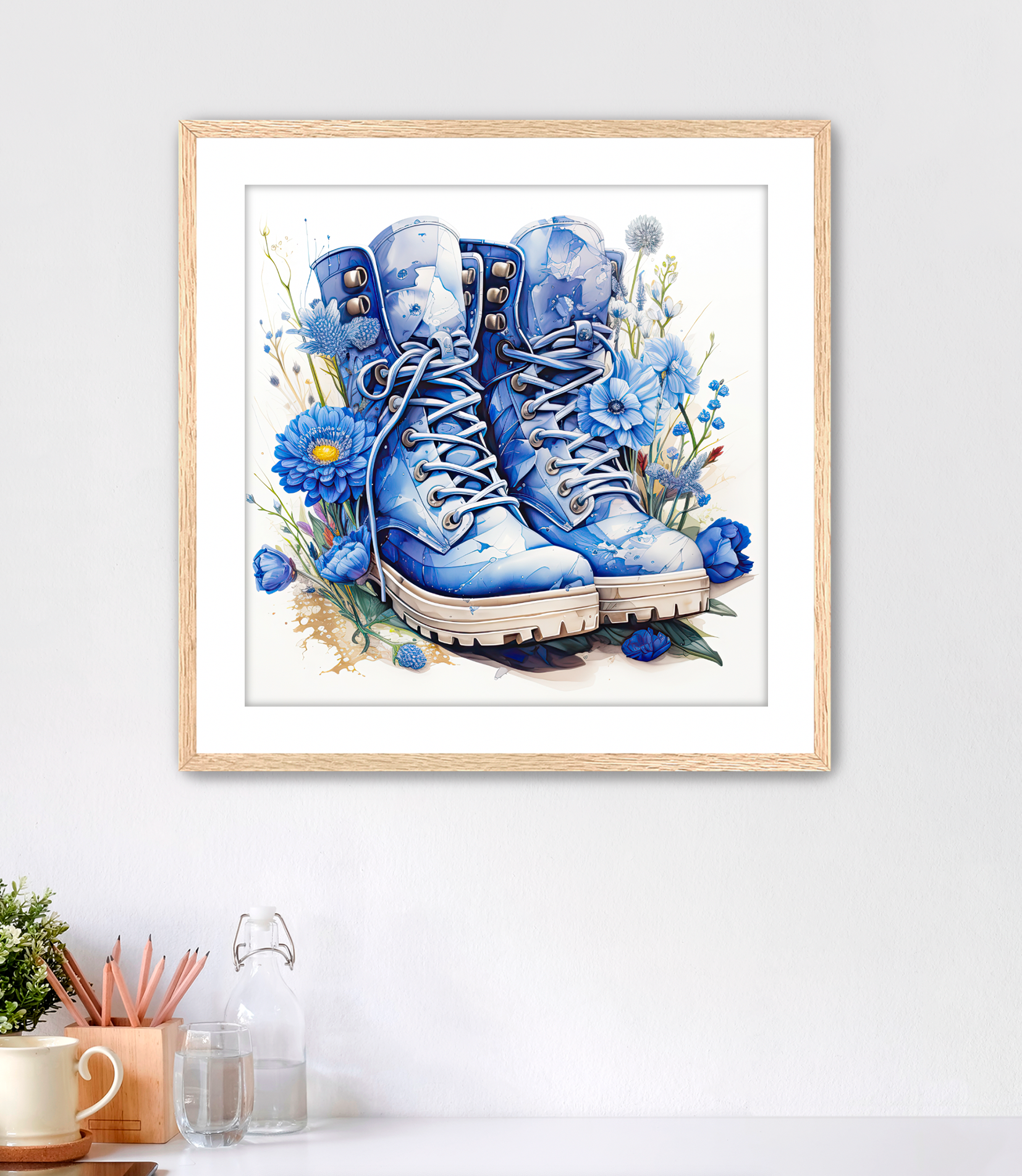 Adorable Framed Fine Art Print. The artwork features watercolor style blue hiking boots surrounded in blue wildflowers. A great gift for women hiking or gardening enthusiasts. Art comes with white mat and oak frame. This wall art is for sale at customconcepts.art