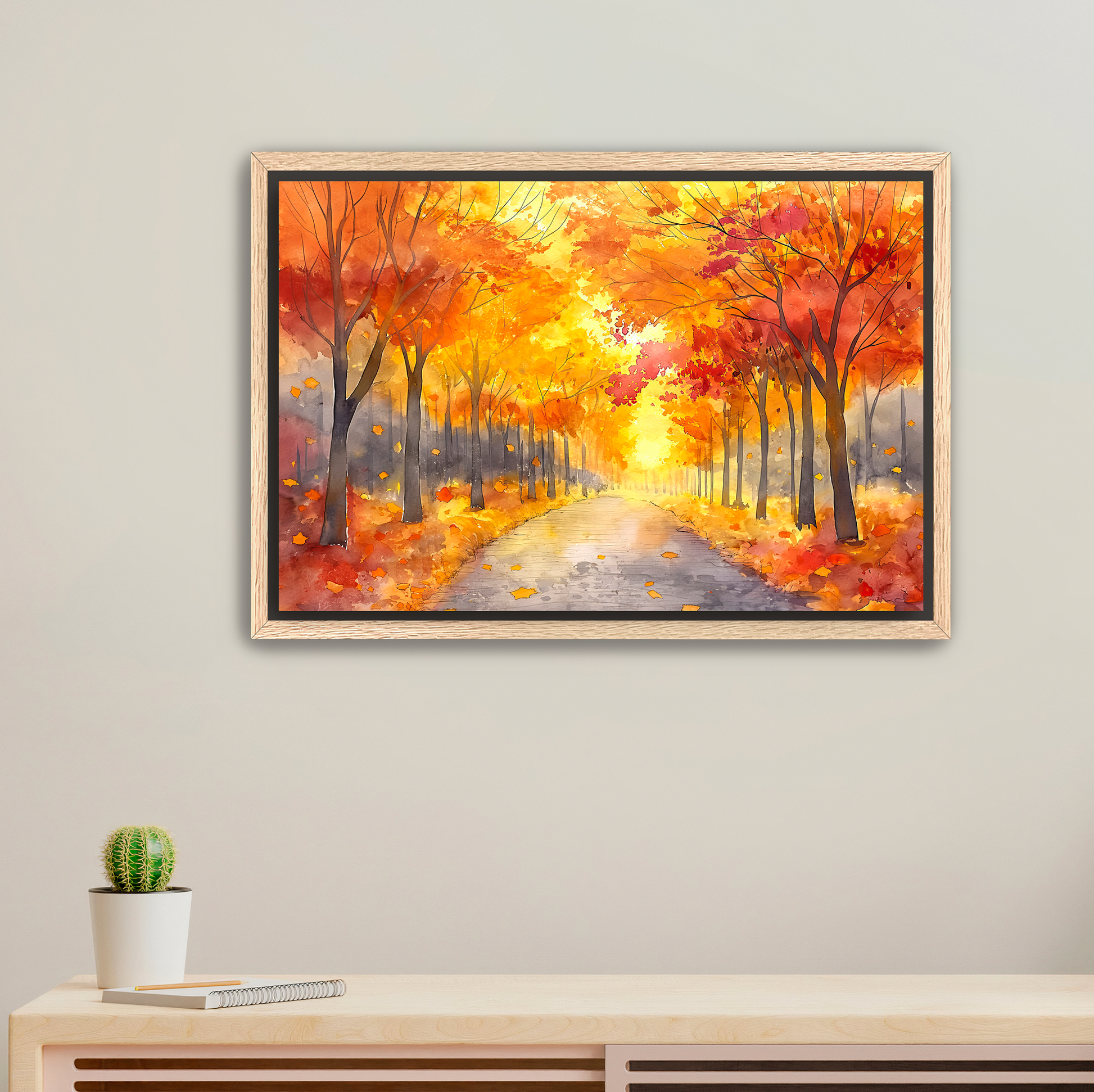 Oak floating framed canvas print of autumn fall trees with a pathway. Art for sale at customconcepts.art