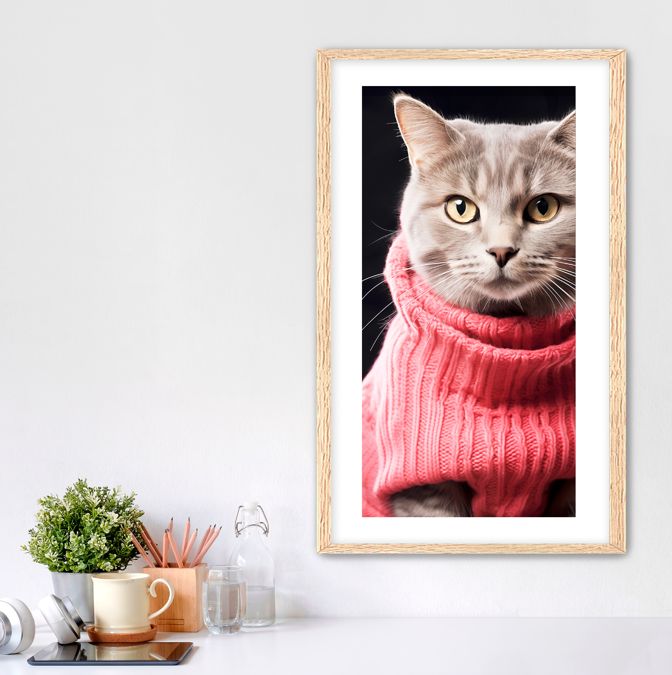 Photographic art of gret cat wearing pink turtle neck sweater. Elongated vertical art with white mat and oak frame. customconcepts.art