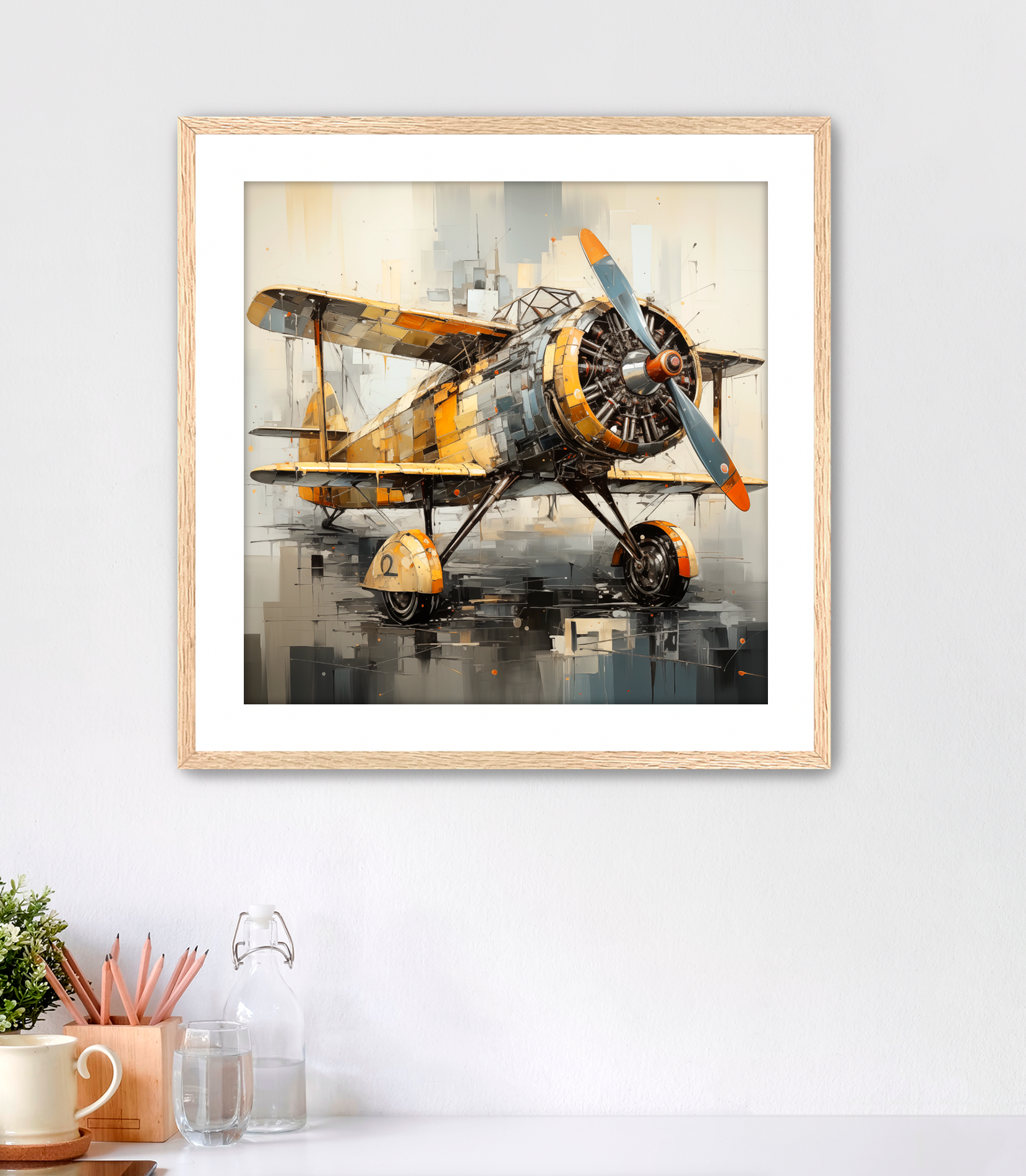 Vintage Abstract Biplane, Vintage aircraft with cubist detail. Subtle neutral color palette with yellow and orange accents. Art includes a white mat and oak frame.A perfect piece of artwork for pilots or avaiation enthusiasts. This wall art is for sale at customconcepts.art