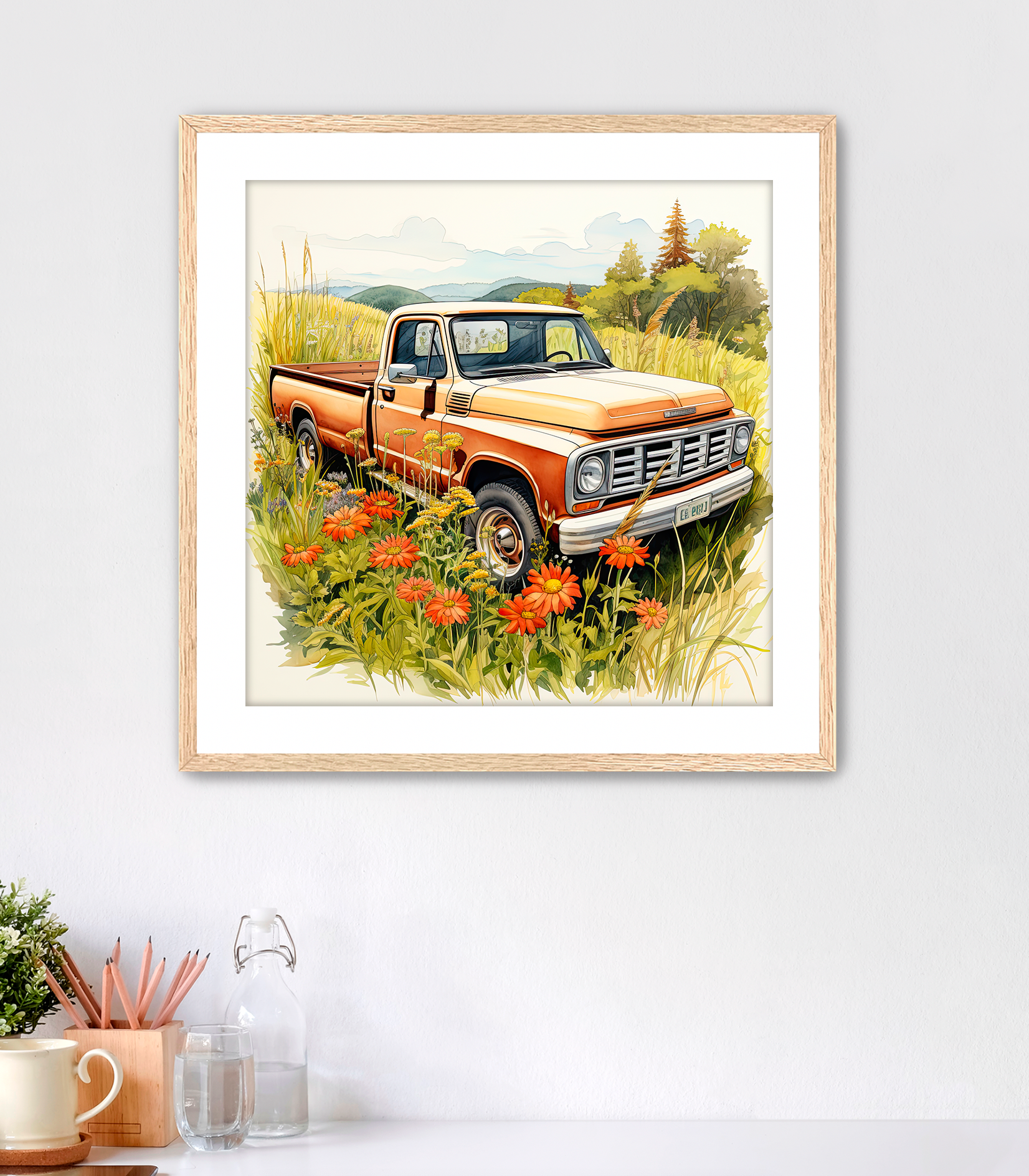 Rustic burnt orange pickup truck in a country field of flowers art, framed with white mat and oak frame. Country art for sale.customconcepts.art
