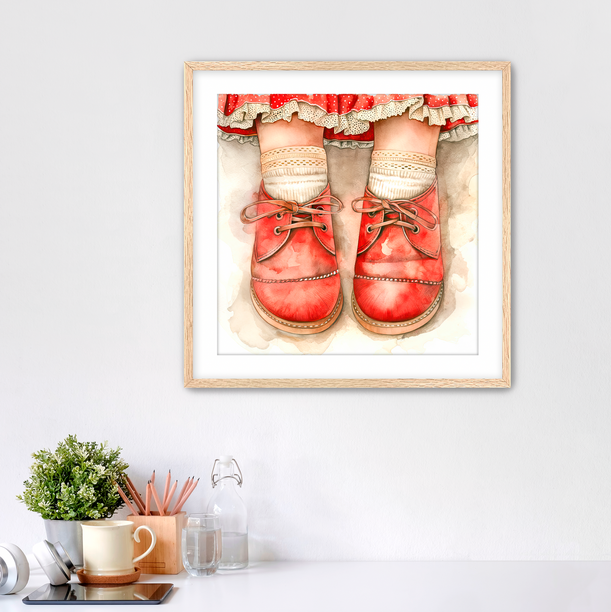 Adorable wall art for kids. Watercolor vintage ensemble showing little girls red shoes closeup with eyelet lace socks and red skirt with tiny white polka dots and lace trim hem. Framed in solid oak with white mat. Art for sale at customconcepts.art