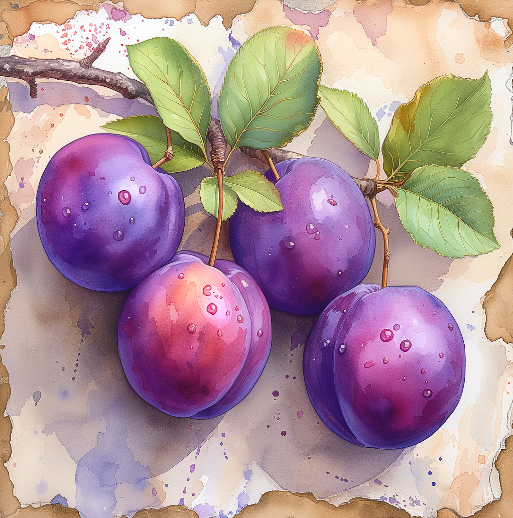 Watercolor ripe purple plums art icon to represent a collection of kitchen and restaurant-friendly food-related wall art for sale and available at customconcepts.art
