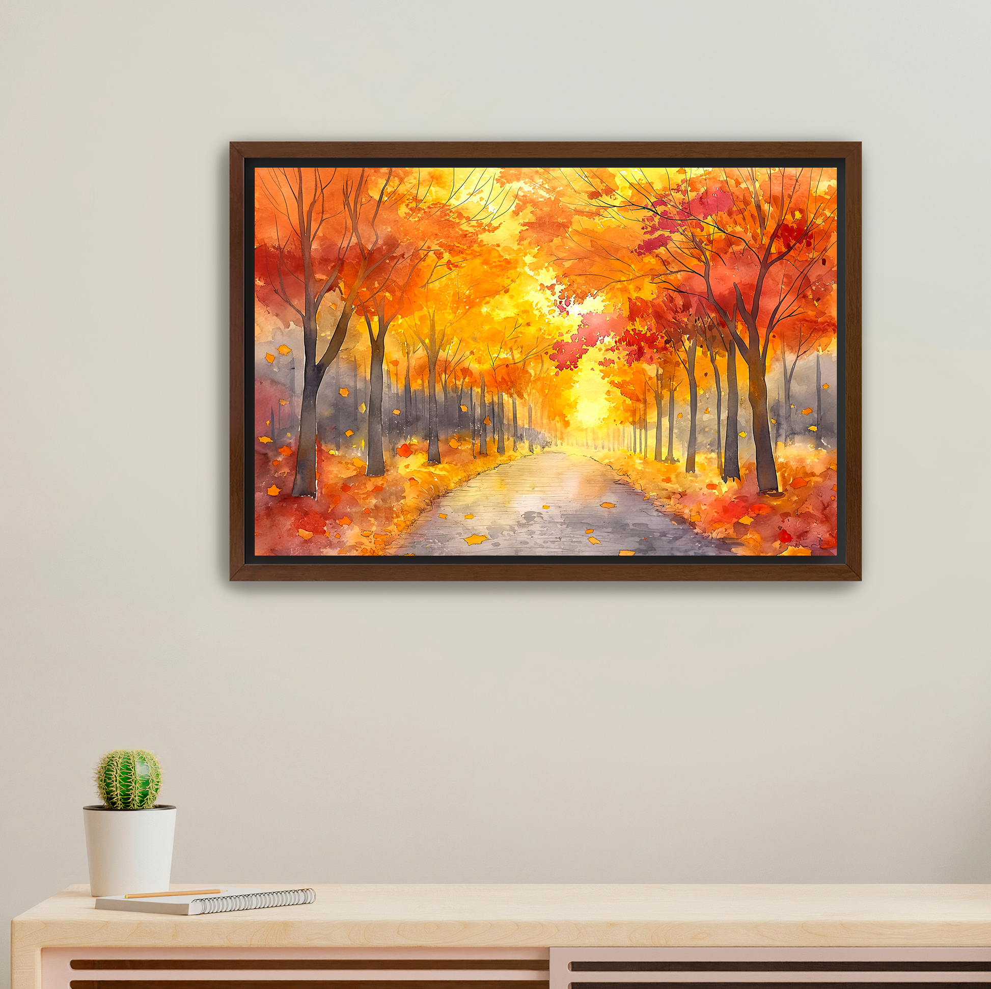 Walnut floating framed canvas print of autumn fall trees with a pathway. Art for sale at customconcepts.art