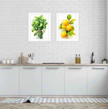 Watercolor Basil and Lemons - Kitchen Wall Art Set