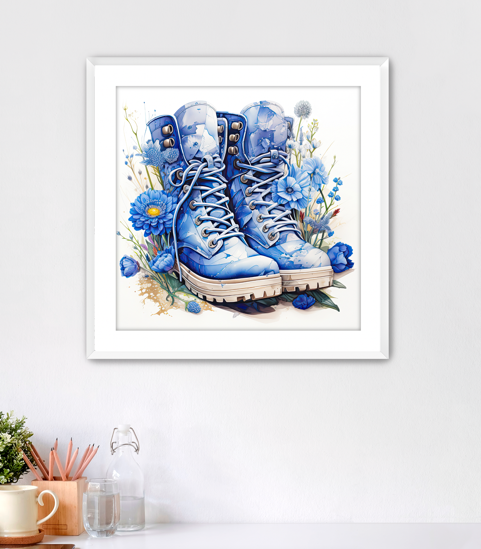 Adorable Framed Fine Art Print. The artwork features watercolor style blue hiking boots surrounded in blue wildflowers. A great gift for women hiking or gardening enthusiasts. Art comes with white mat and white frame. This wall art is for sale at customconcepts.art
