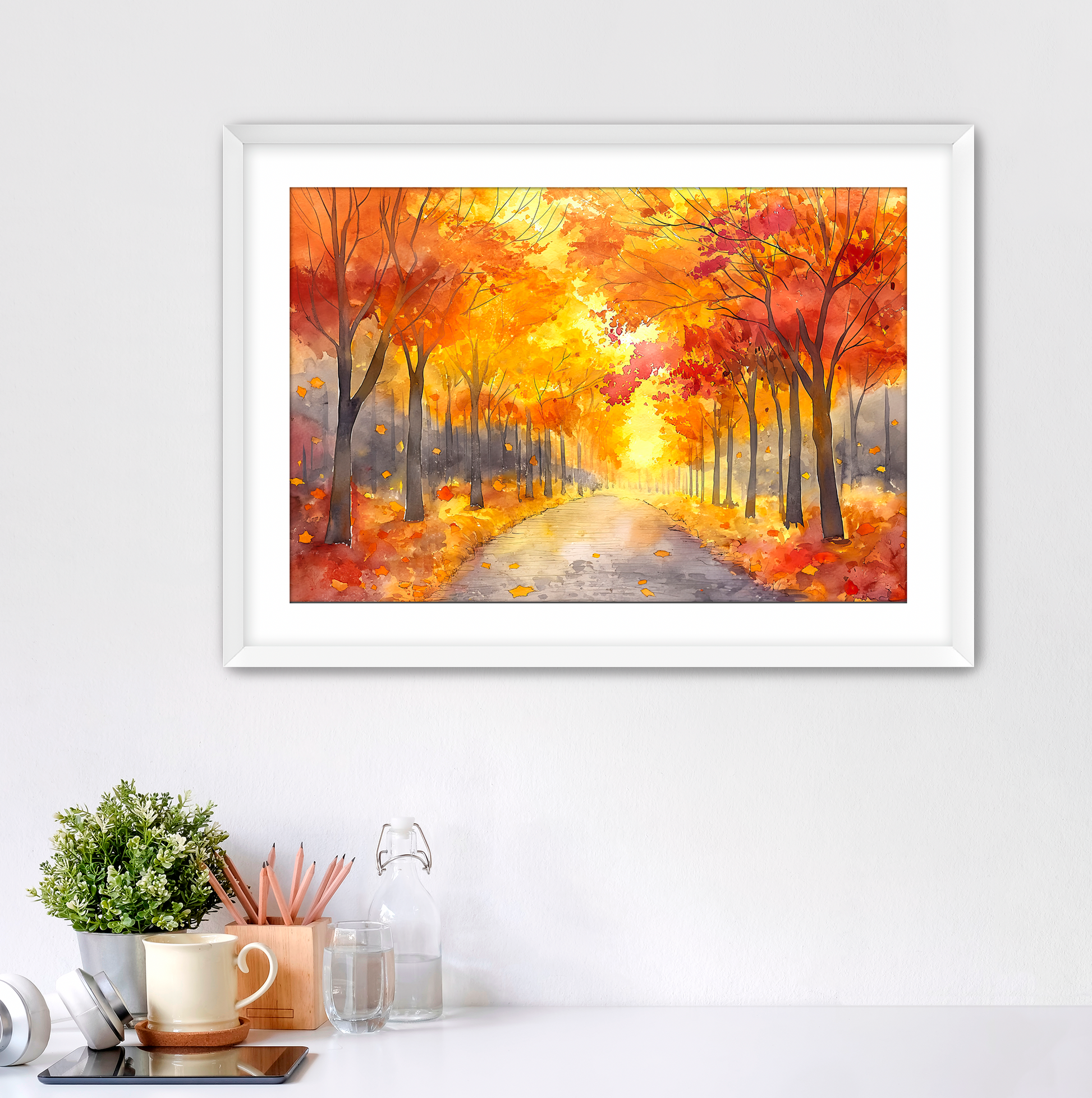 White framed watercolor autumn trees and a path with white mat. Perfect for fall decor. Art for sale at customconcepts.art