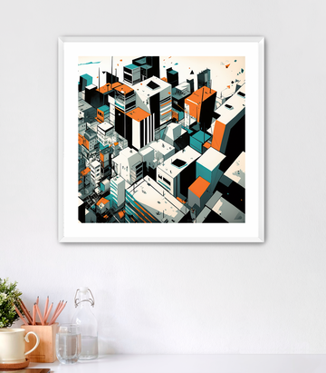 Arial View City Orange & Teal - Framed Fine Art Print