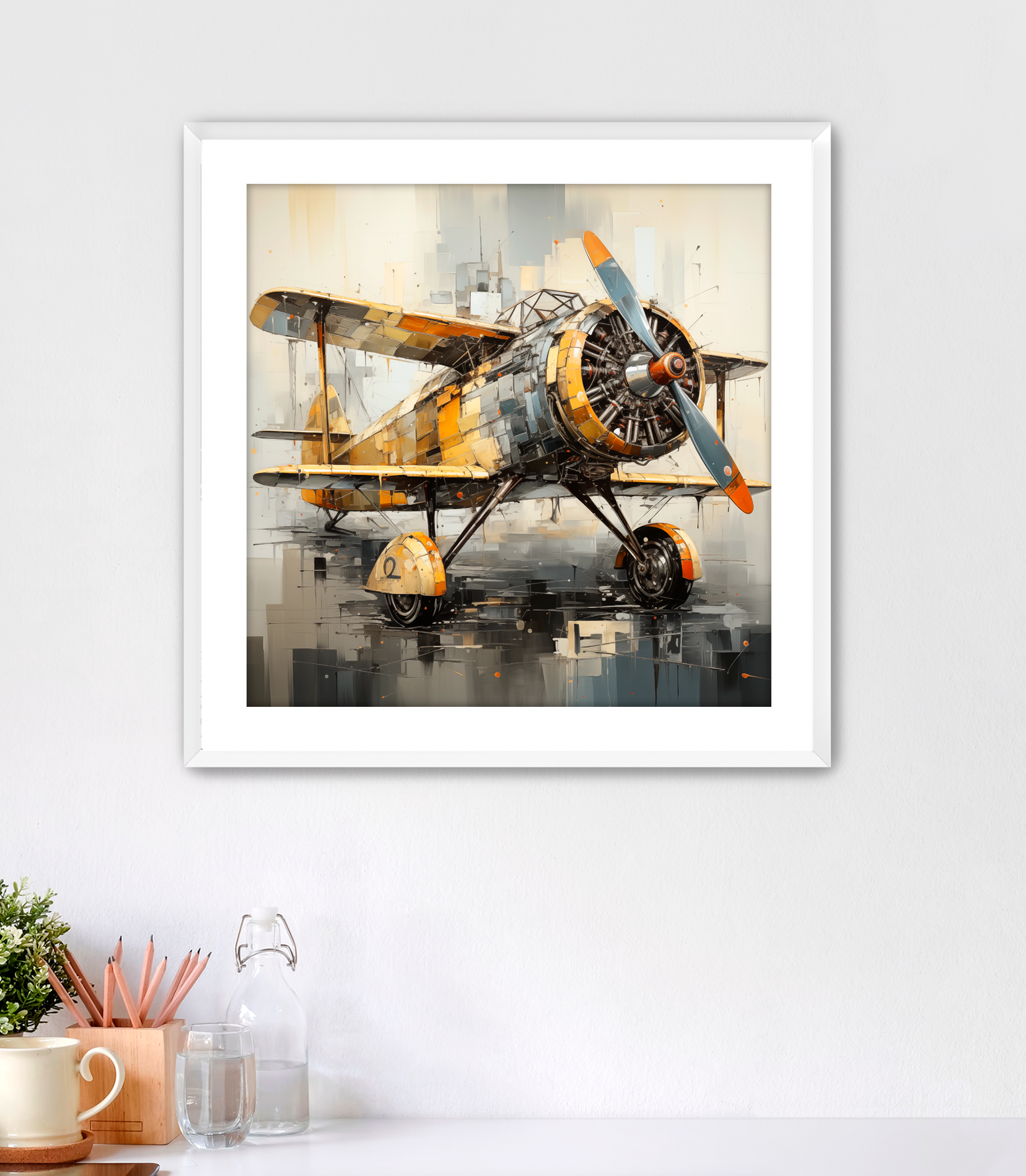 Vintage Abstract Biplane, Vintage aircraft with cubist detail. Subtle neutral color palette with yellow and orange accents. Art includes a white mat and white frame.A perfect piece of artwork for pilots or avaiation enthusiasts. This wall art is for sale at customconcepts.art