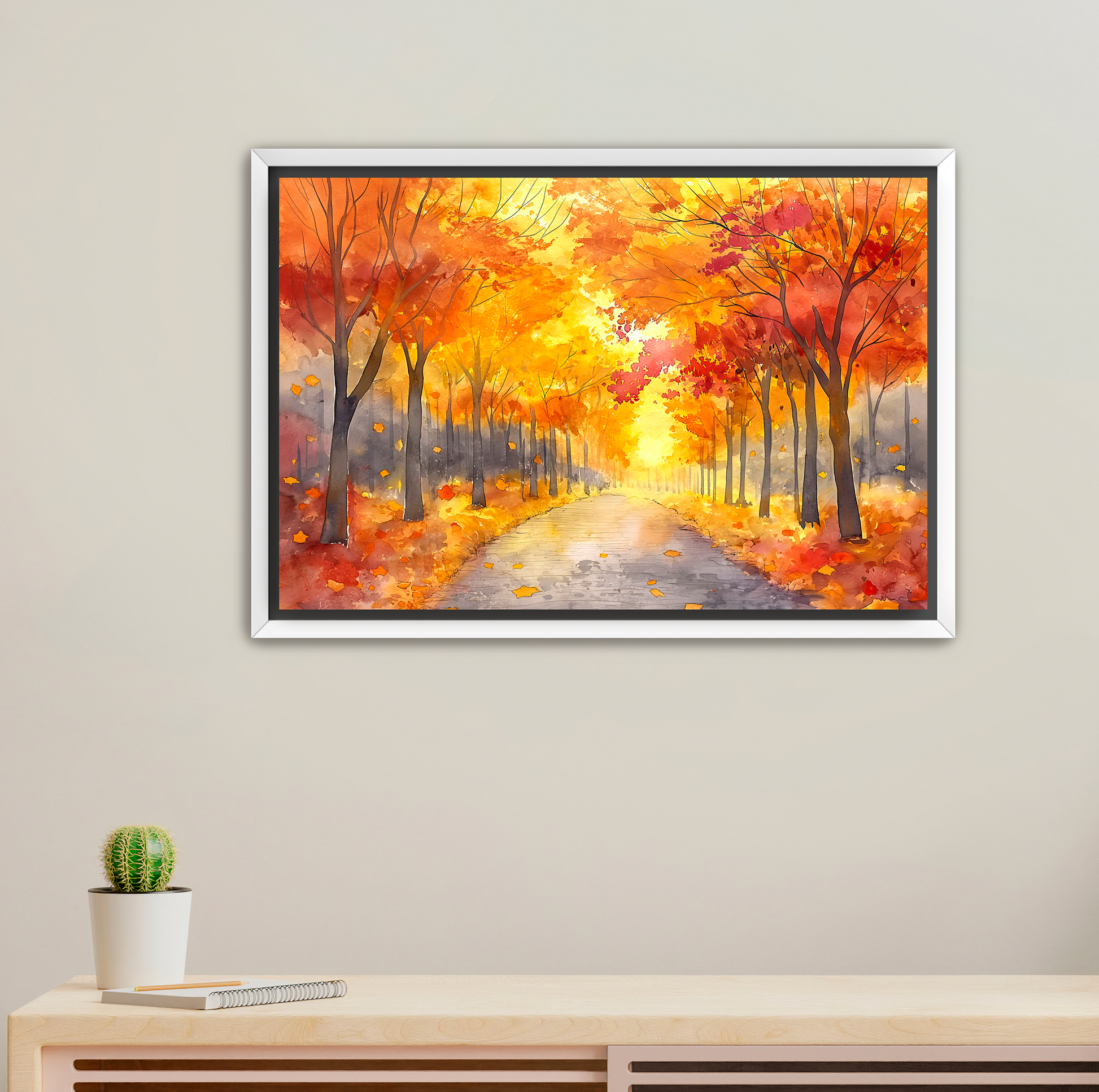 White floating framed canvas print of autumn fall trees with a pathway. Art for sale at customconcepts.art