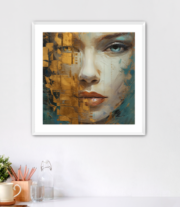 Abstract Gold and Teal Face - Framed Fine Art Print