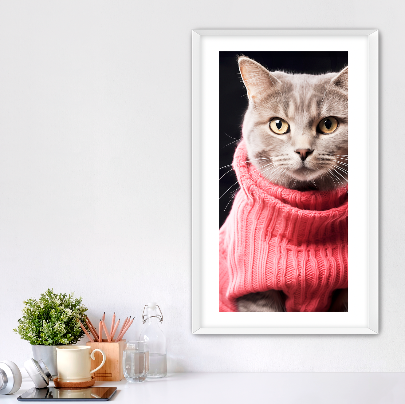 Photographic art of gret cat wearing pink turtle neck sweater. Elongated vertical art with white mat and white frame. customconcepts.art