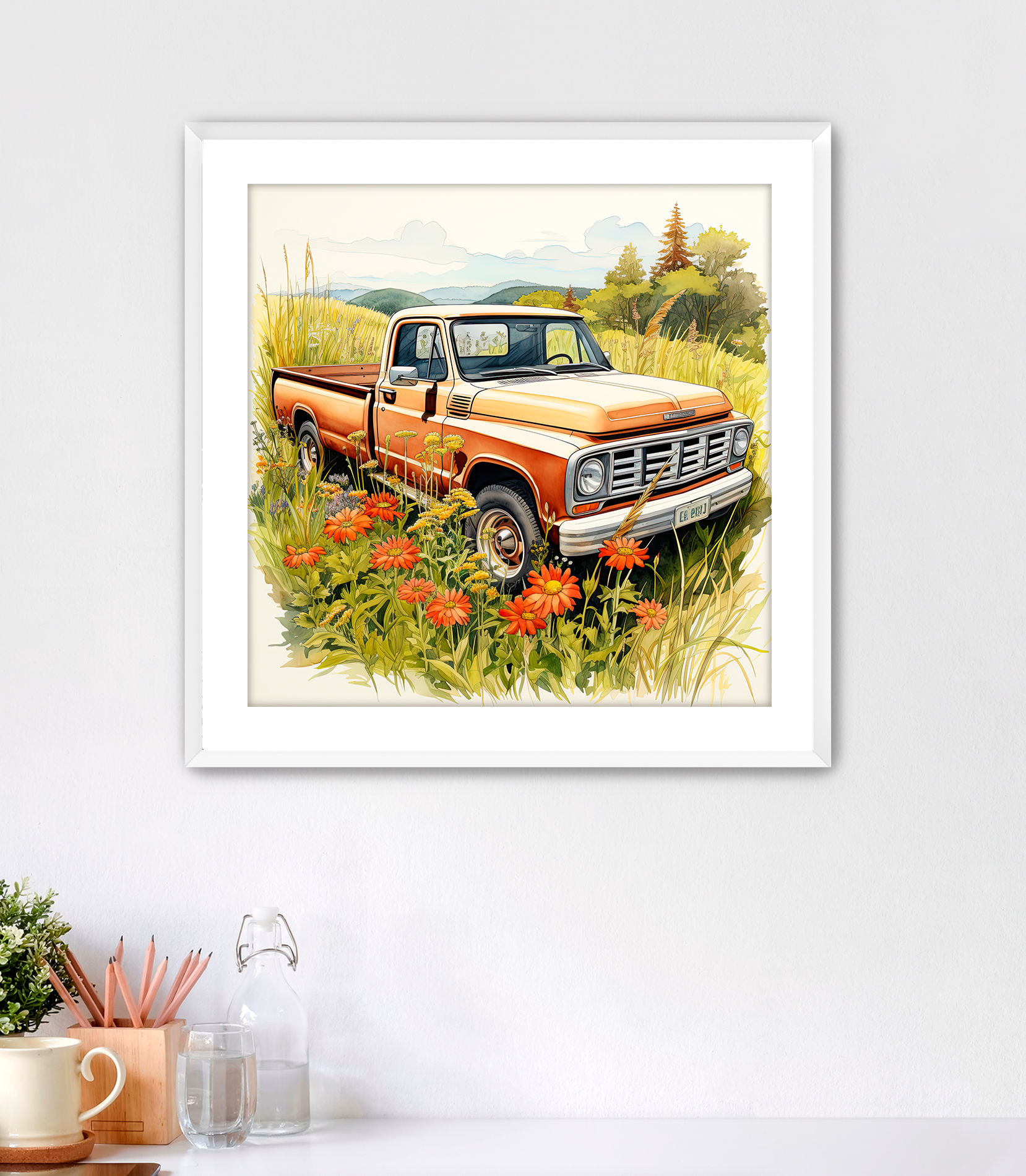 Rustic burnt orange pickup truck in a country field of flowers art, framed with white mat and white frame. Country art for sale.customconcepts.art