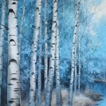 Soft and dreamy blue impressionist painting of tall birch trees near a stream. This icon represents a collection of Winter-themed wall art for sale and available at customconcepts.art