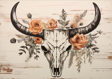 A long horn skull decorated with coral roses against a neutral wooden background. This icon represents a collection of wall art that is western or rustic-related. Rustic western art available and for sale at customconcepts.art